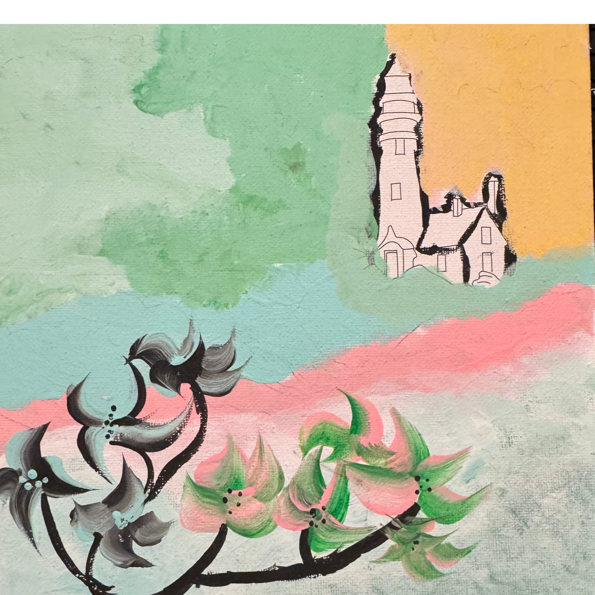 Vibrant layered abstract art with splashes of color and texture